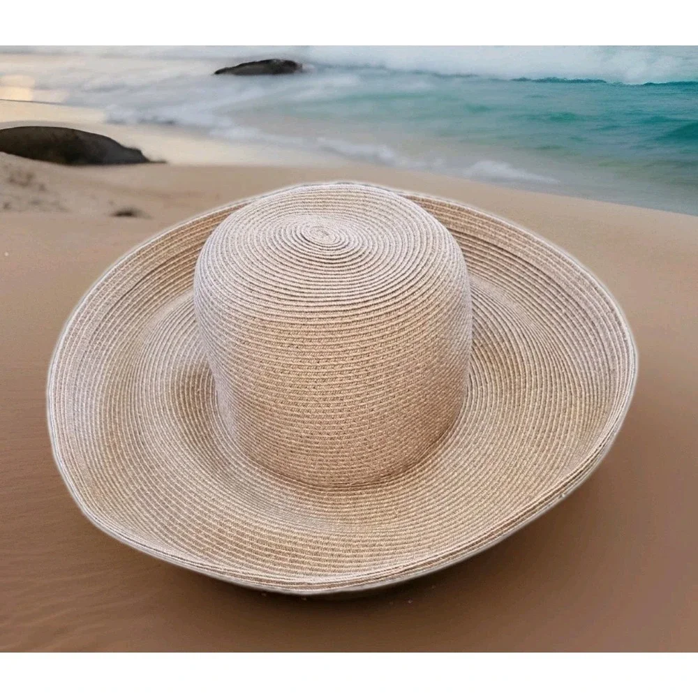 Eric‎ Javits Womens Packable Vintage Srraw Sun Hat Beige W/Pink Underside Beach - Picture 2 of 7